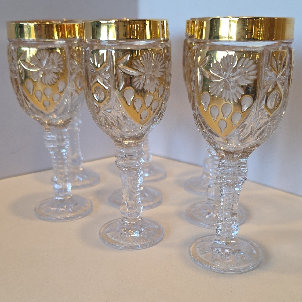 Lot Of 8 Anna Hutte Vorsicht Glas Bleikristall Cut To Clear Gold Rim Sherry